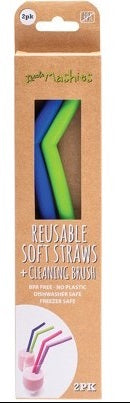 Reusable Soft Silicone Straws with Cleaning Brush - 2 pack