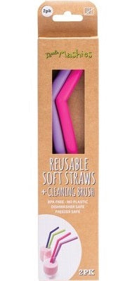 Reusable Soft Silicone Straws with Cleaning Brush - 2 pack